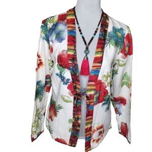 Chico's Linen Bohemian Style Floral Open Front Cardigan With Multicolor Trim